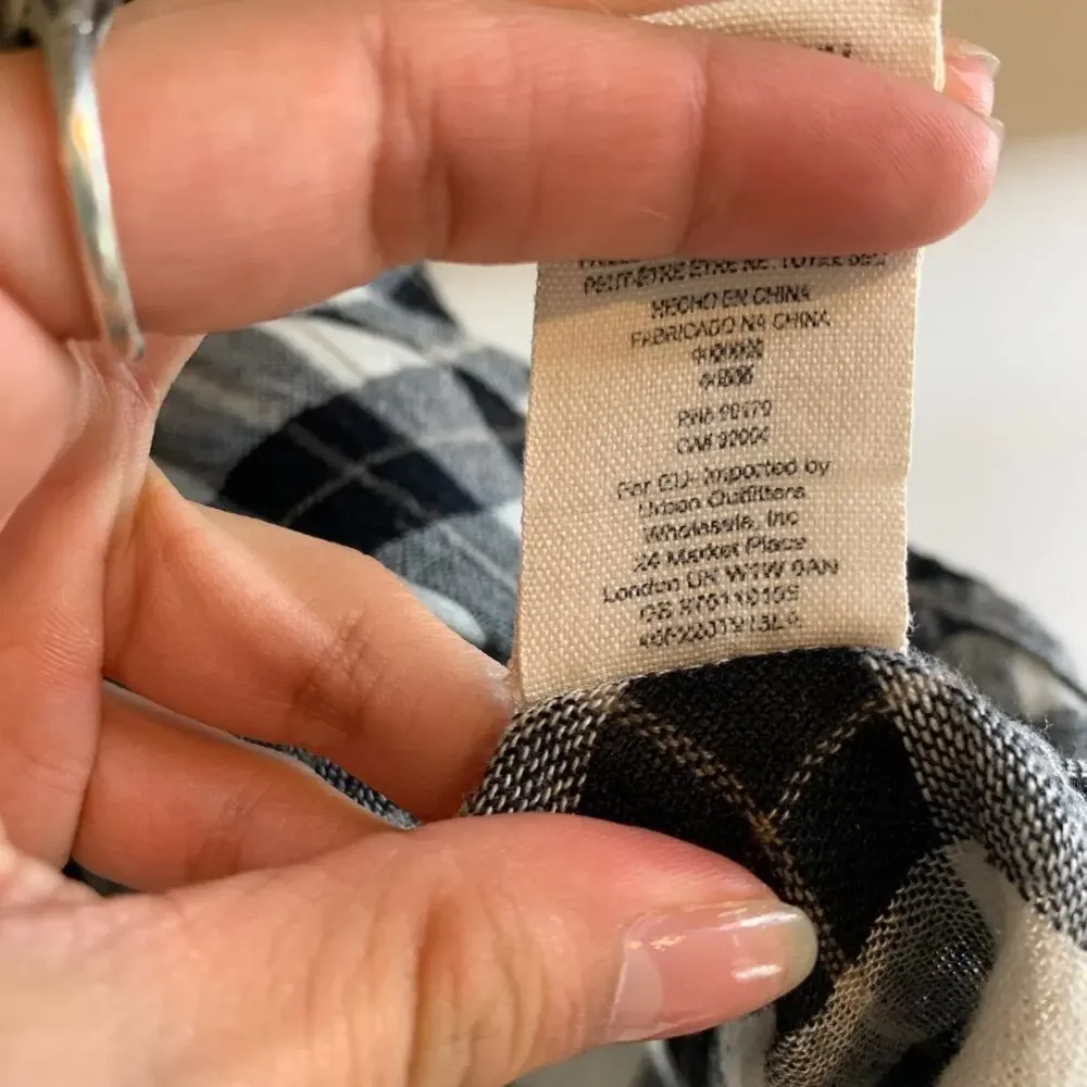 Free People Shirt Womens M Medium Black White Plaid Lace Up Shoulder Snap Button